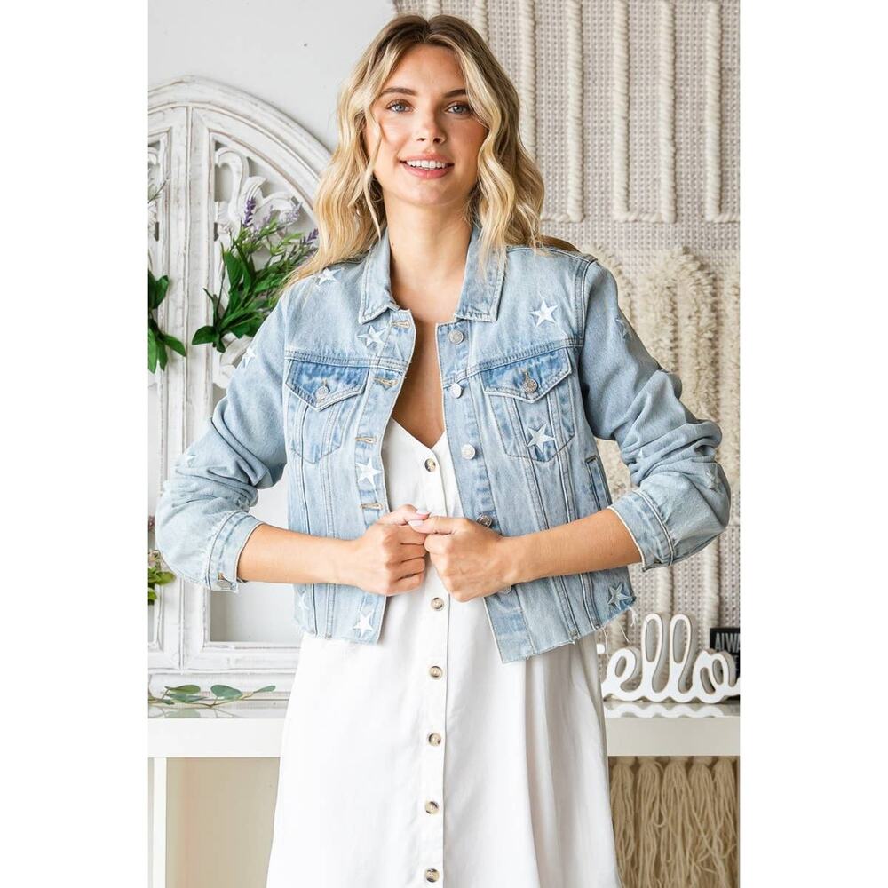"Starboard" Star Embroidered Denim Jacket in Lt Wash - Picture 5 of 10